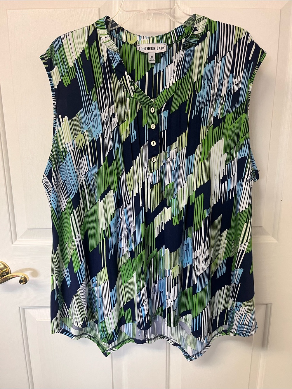 Southern Lady Sleeveless Henley Top in Navy, Green & Light Blue Abstract Print